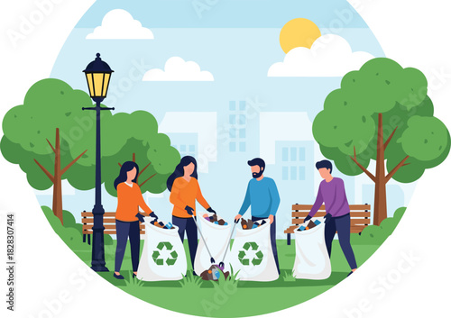 Volunteers gathering to collect trash in a city park, putting litter into recycling bags to promote environmental conservation and community cleanliness vector