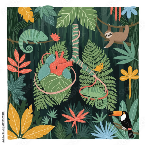 A vibrant conceptual illustration of human lungs and a heart intertwined with lush jungle foliage, symbolizing the rainforest as the lungs of the Earth