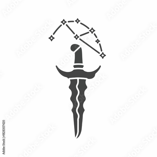 Stylized mystical dagger with an intricate celestial constellation umbrella, symbolizing protection and cosmic power, ideal for fantasy and symbolic designs