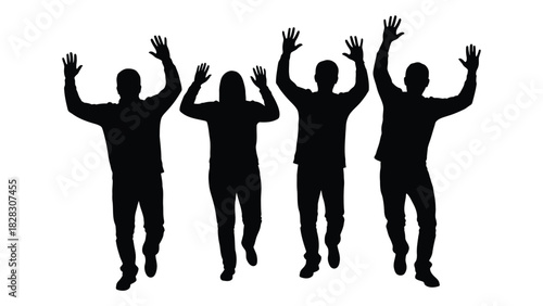 Four people silhouettes jumping with hands raised isolated on white background, Vector