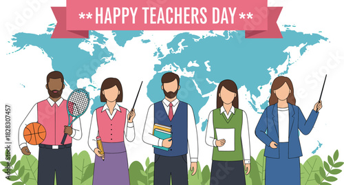 Happy Teachers Day banner with diverse educators standing in front of the world map, celebrating global teaching and appreciation vector illustration