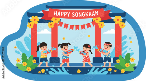 Happy Songkran Festival celebration vector, featuring joyful children playing with water guns and splashing in front of a decorated archway