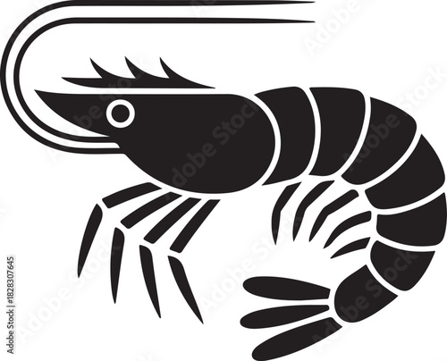 Minimalist black and white illustration of a shrimp with antennae and segmented tail prawn