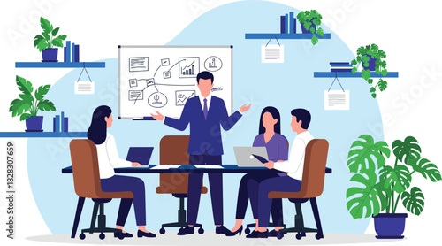 Business team meeting or presentation, featuring a speaker discussing strategy and financial data charts on a whiteboard to colleagues in the office vector