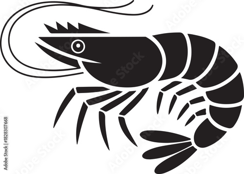 Minimalist black and white illustration of a shrimp with segmented body and antennae prawn