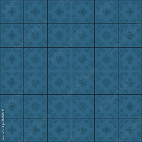 A seamless grid pattern of square tiles in deep teal/dusty blue, each featuring a subtle, repeating traditional floral or medallion motif in the corners.