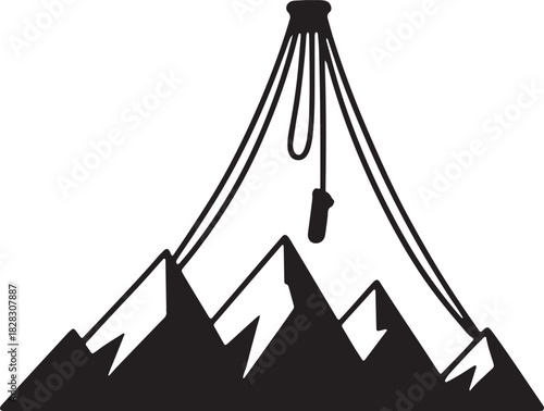 Black silhouette of mountains and tent camp with rope against transparent