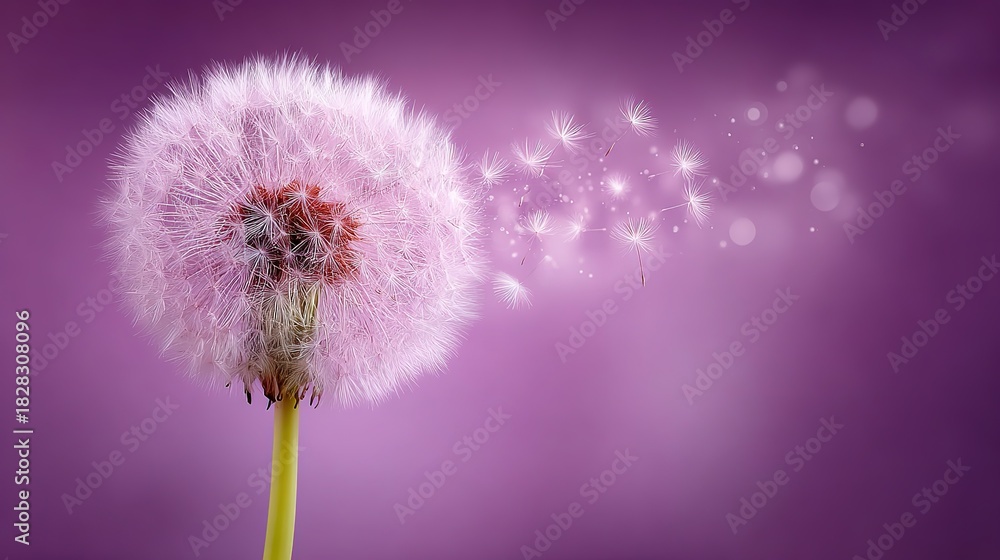 Fototapeta premium Pastel Purple Dandelion Seeds Blowing Soft Brush Strokes Symbol Hope Center Copy Space for Poster & Card