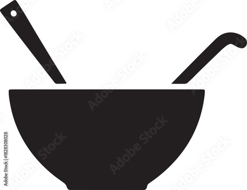 Bowl with Serving Utensils Silhouette for Hot Soup Meal Cooking and Eating Food