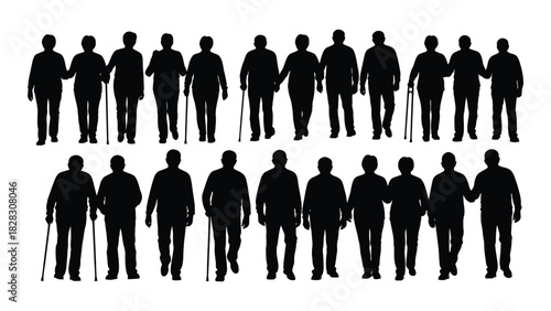Elderly silhouettes walking isolated on white background, Vector
