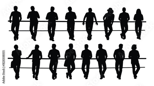 Silhouettes of people leaning on a railing isolated on white background, Vector