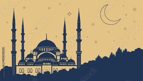 Silhouette of a mosque at night with moon and stars