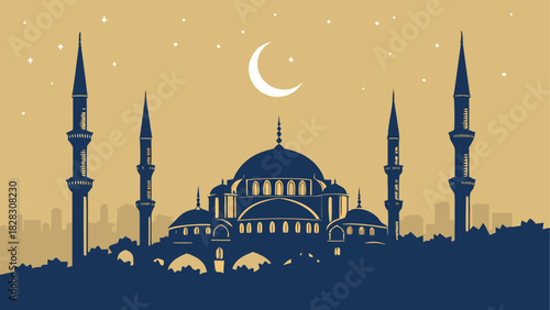 Silhouette of mosque with crescent moon and stars