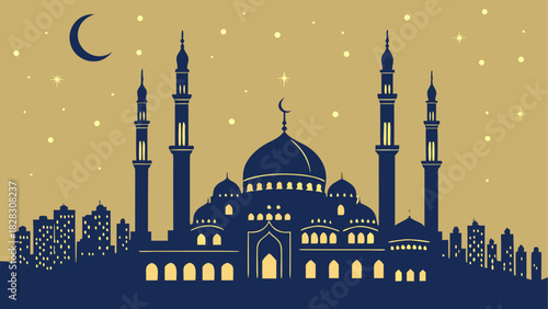 Silhouette of a mosque with crescent and stars