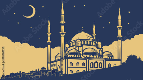 Illustration of a mosque at night with the moon