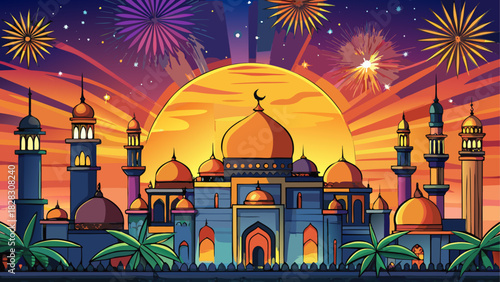 Illustration of mosque with fireworks at sunset