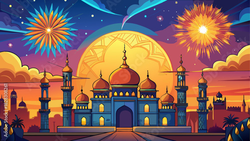 Illustration of a mosque with fireworks at night