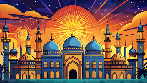 Illustration of a mosque at sunset with stars