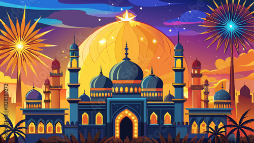 Illustration of a mosque at night with fireworks