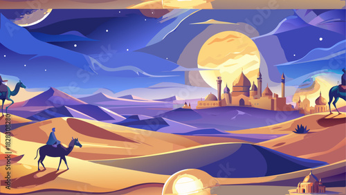 Caravan crossing desert towards distant city