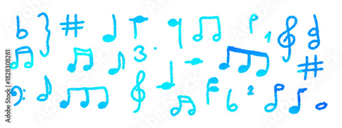 blue water drops, hand-drawn set of different music notes icons isolated on white or transparent png