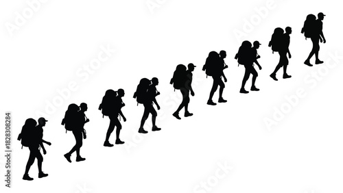 Silhouettes of hikers with backpacks isolated on white background, Vector