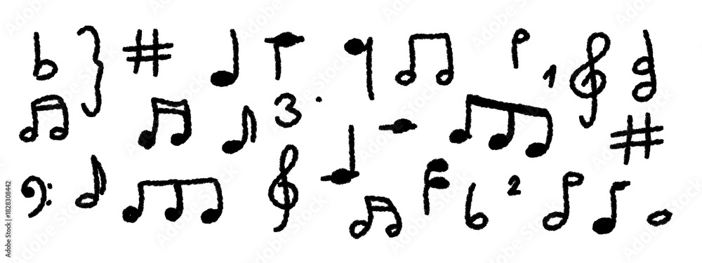 Obraz premium abstract grunge background, hand-drawn set of different music notes icons isolated on white or transparent png