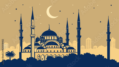 Mosque silhouette with moon and stars at night
