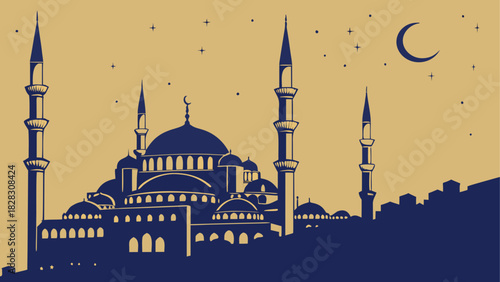 Illustration of a mosque at night with moon stars