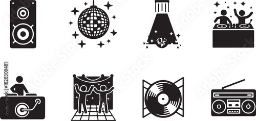 Nightlife Entertainment Elements Disco, Dj, and Radio Icon Set