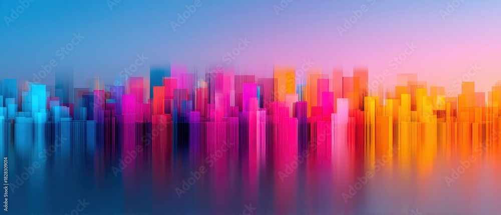 Fototapeta premium Semi Artsy Color palette concept. Colorful abstract city skyline with vibrant hues reflecting on water.