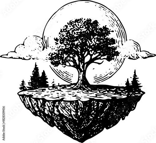 floating island tree with full moon, surreal moon behind tree woodcut, fantasy night sky island tattoo