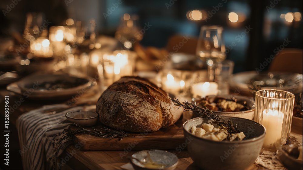 Fototapeta premium A beautifully arranged dinner table with bread, cheese, candles, and warm ambiance.