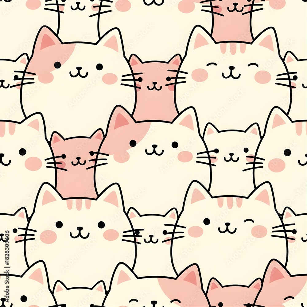 Fototapeta premium Cute Pink and White Cats Seamless Pattern - Kawaii Kitty Faces Background
