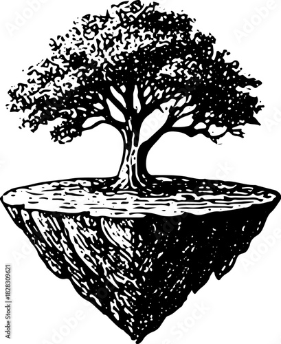 inverted floating island tree, upside down tree island woodcut, surreal single tree floating rock tattoo