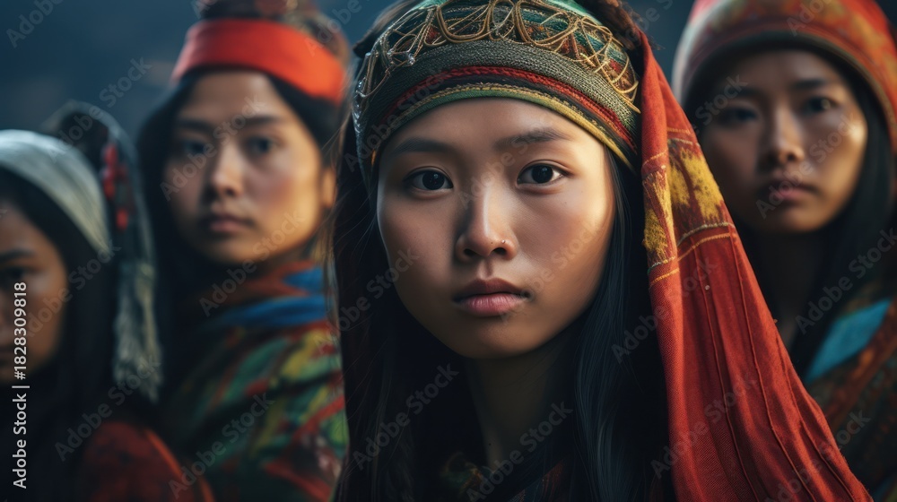 Naklejka premium Close-up Portrait of Young Asian Women in Traditional Attire.