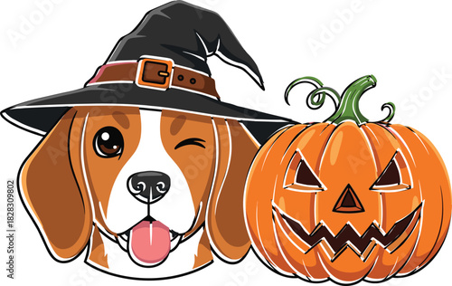 Cartoon beagle dog in witch hat with Halloween pumpkin jack-o'-lantern, festive autumn illustration for spooky seasonal decoration design