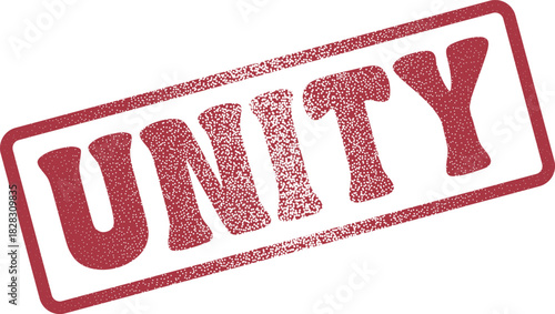 Distressed red rubber stamp displaying the word Unity representing cohesion and solidarity with an aged texture