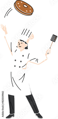 Cartoon chef flipping pancake in air, white uniform, cooking action, kitchen skill, culinary motion, vector food illustration for stock