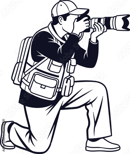 Cartoon photographer kneeling with camera and backpack, black and white vector illustration, outdoor photo shoot, professional gear, focused pose