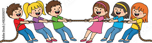 Children playing tug-of-war game in teams, showcasing teamwork, fun, competition, physical activity, friendship, outdoor play, and childhood joy.