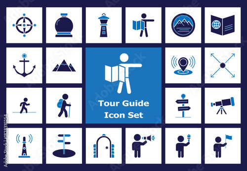 Flat Tour Guide Icons Set: Solid Symbols of Navigation, Compass, Hiking, Anchor, Landmarks, Directional Signs, and Guided Travel Exploration.