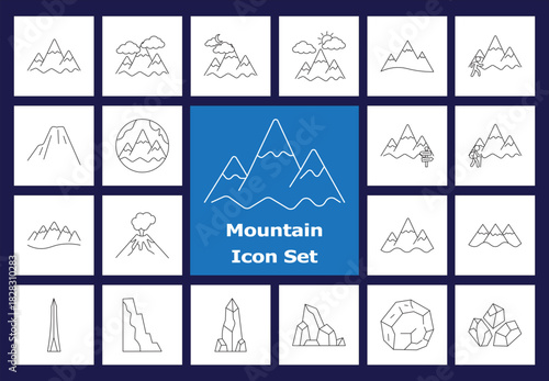 Line Mountain Icons Set: Outline Symbols of Peaks, Volcanoes, Rocks, Hiking, Landscape, and Nature Elements for Outdoor Adventures.