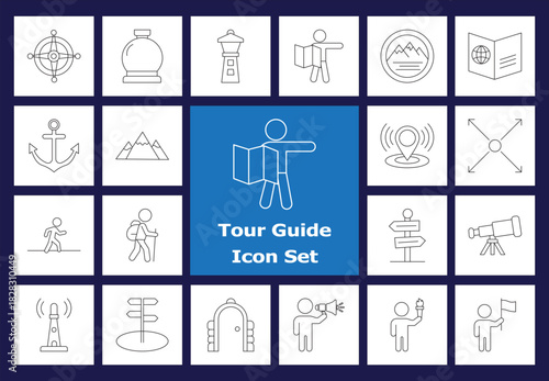 Line Tour Guide Icons Set: Outline Symbols of Map, Compass, Hiking, Signposts, Telescope, and Navigation for Travel and Adventure.