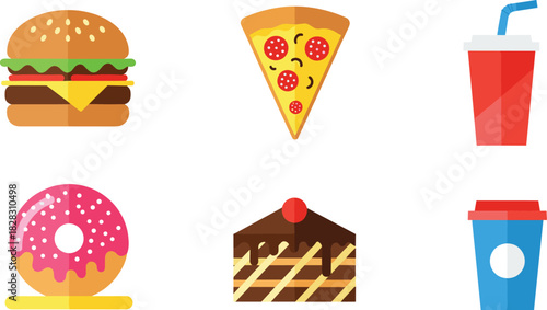 Colorful fast food and dessert icons including burger, pizza, donut, soda, cake, coffee cup in flat cartoon style