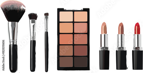 Essential Makeup Brushes, Eyeshadow Palette, and Lipsticks for Beauty Routine – Professional Cosmetic Tools for Glamorous Facial Makeup Application