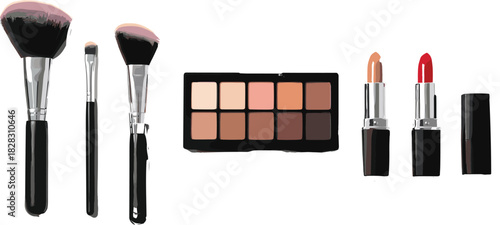 Essential Makeup Tools and Cosmetics Set with Brushes, Lipsticks, and Eyeshadow Palette for Beauty, Fashion, Glamour, and Skincare Concepts