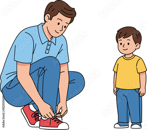 Father tying child’s shoelaces in morning routine, parenting help, family care moment, outdoor bonding, learning life skills together