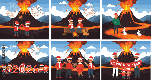 Festive New Year celebration with fireworks, erupting volcano, Santa hats, campfire, animals, and banner in cartoon vector illustration style