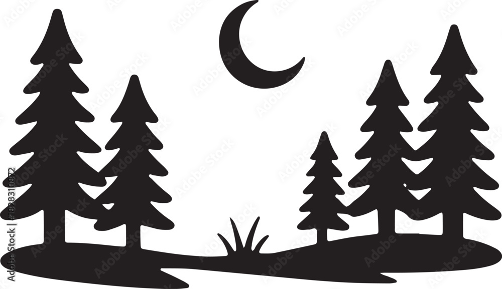 Obraz premium Silhouette Of Forest With Moon Isolated On Transparent Background Nature
